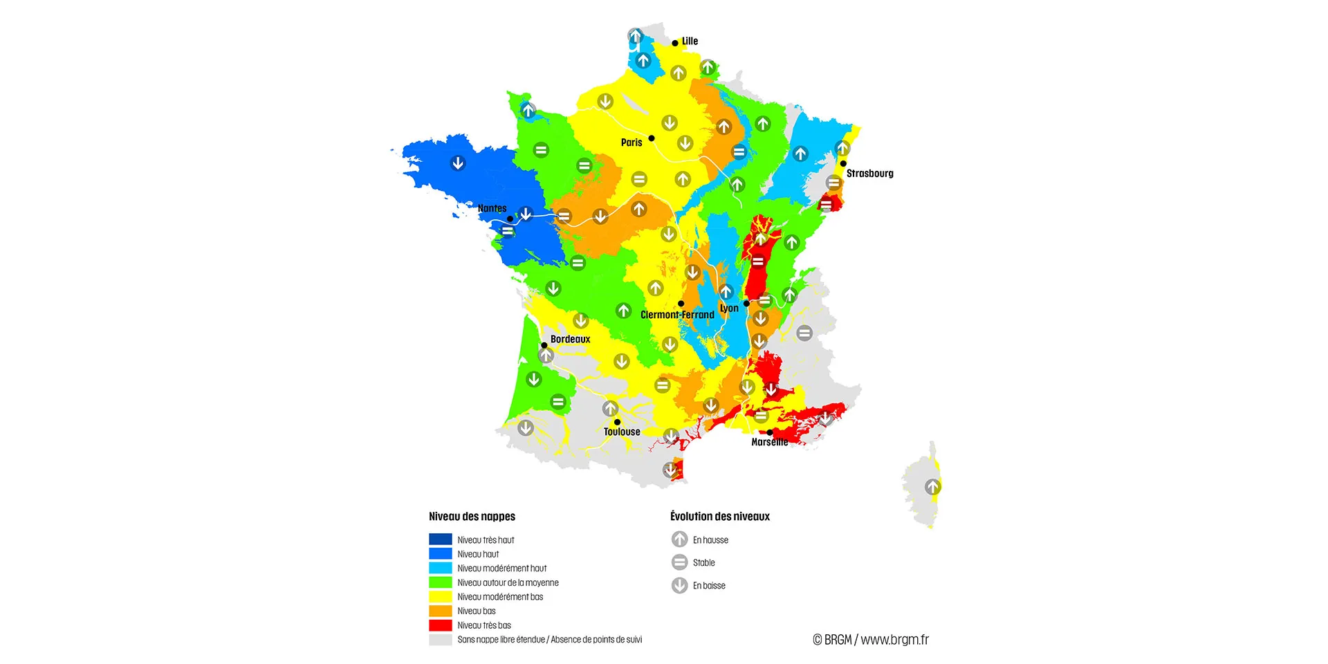 Map of France showing the state of the aquifers on 1 May 2023.