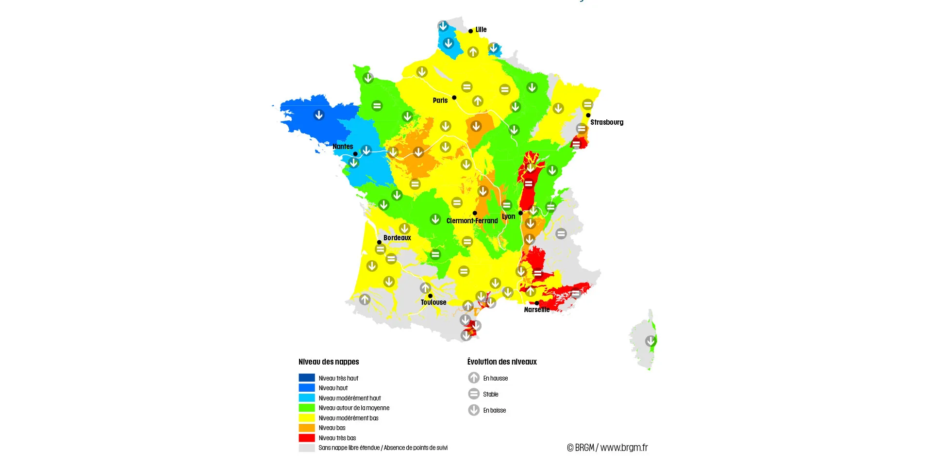 Map of France showing the state of the aquifers on 1 June 2023.