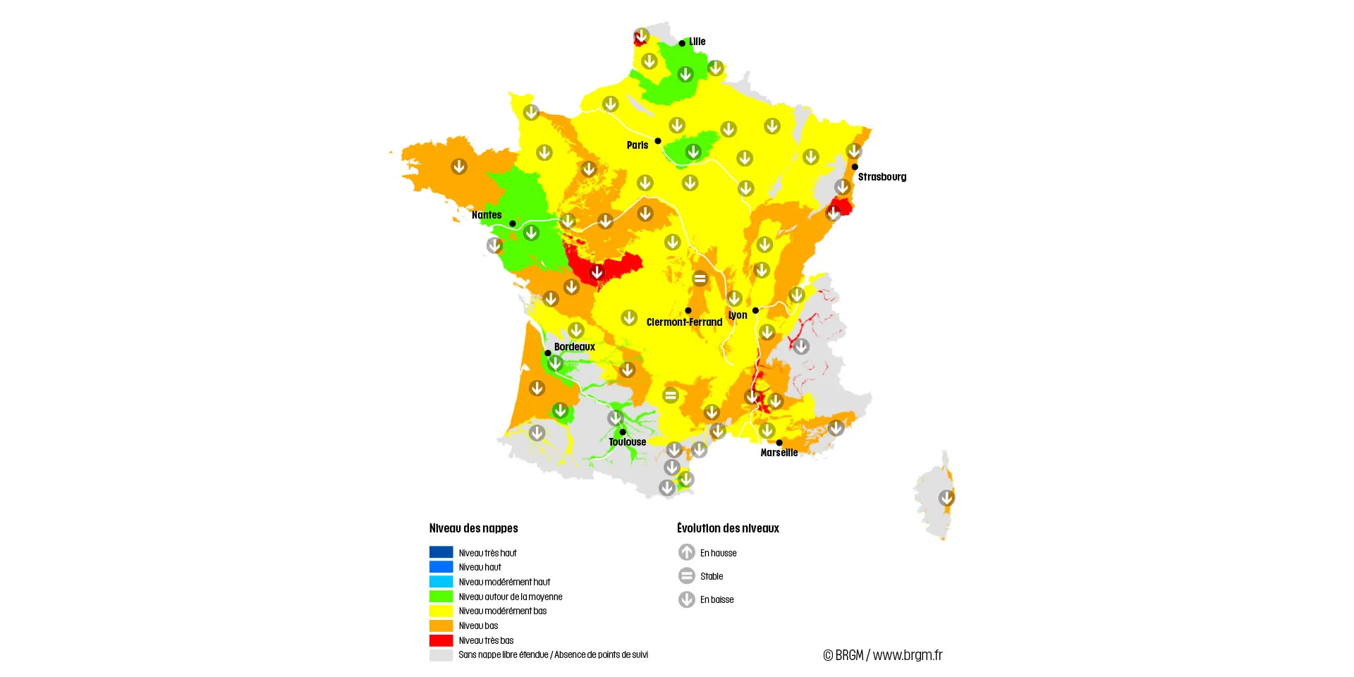 Carte de France de la situation des nappes au 1er juillet 2022.