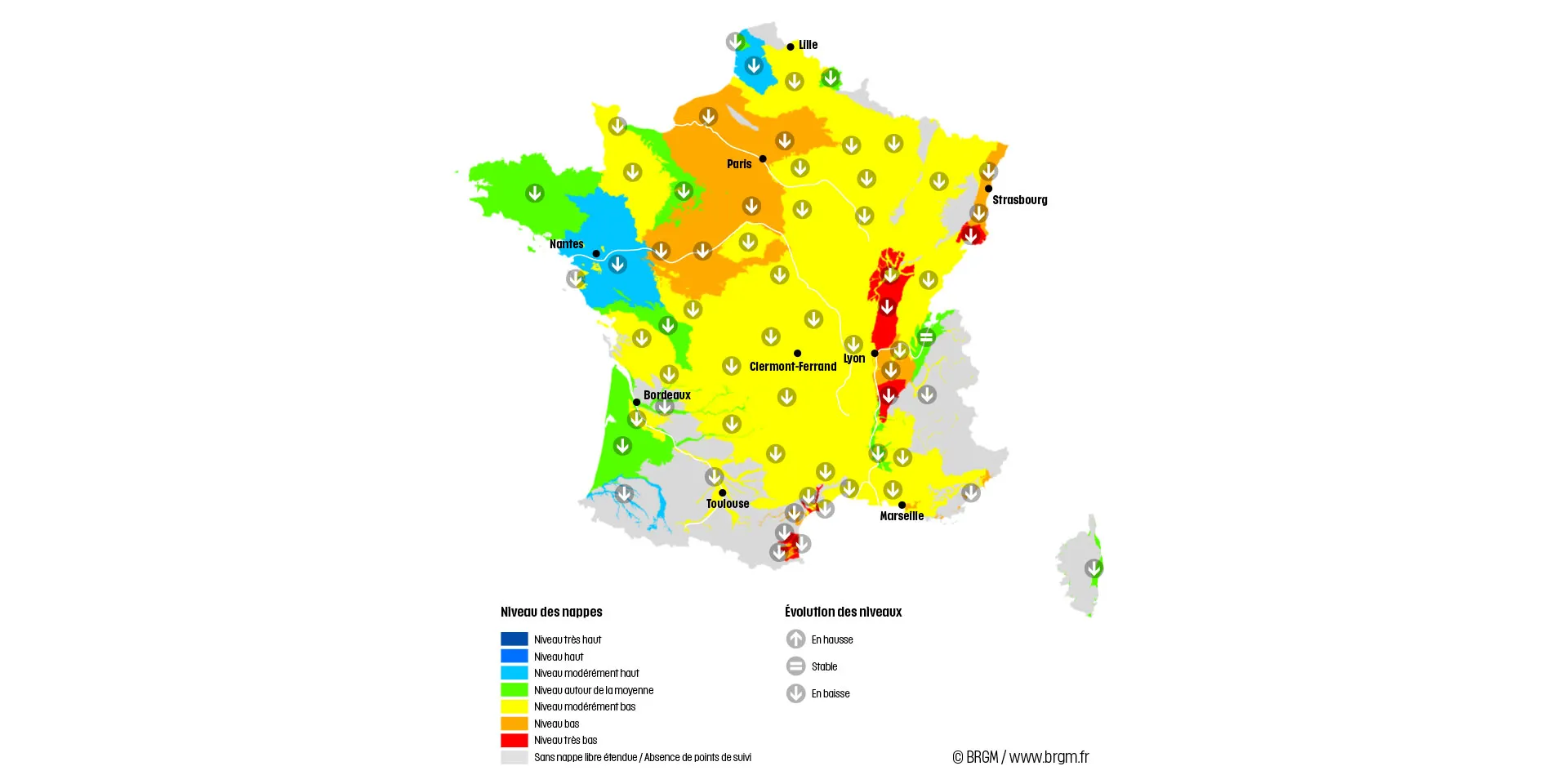Map of France showing the state of the aquifers on 1 August 2023.