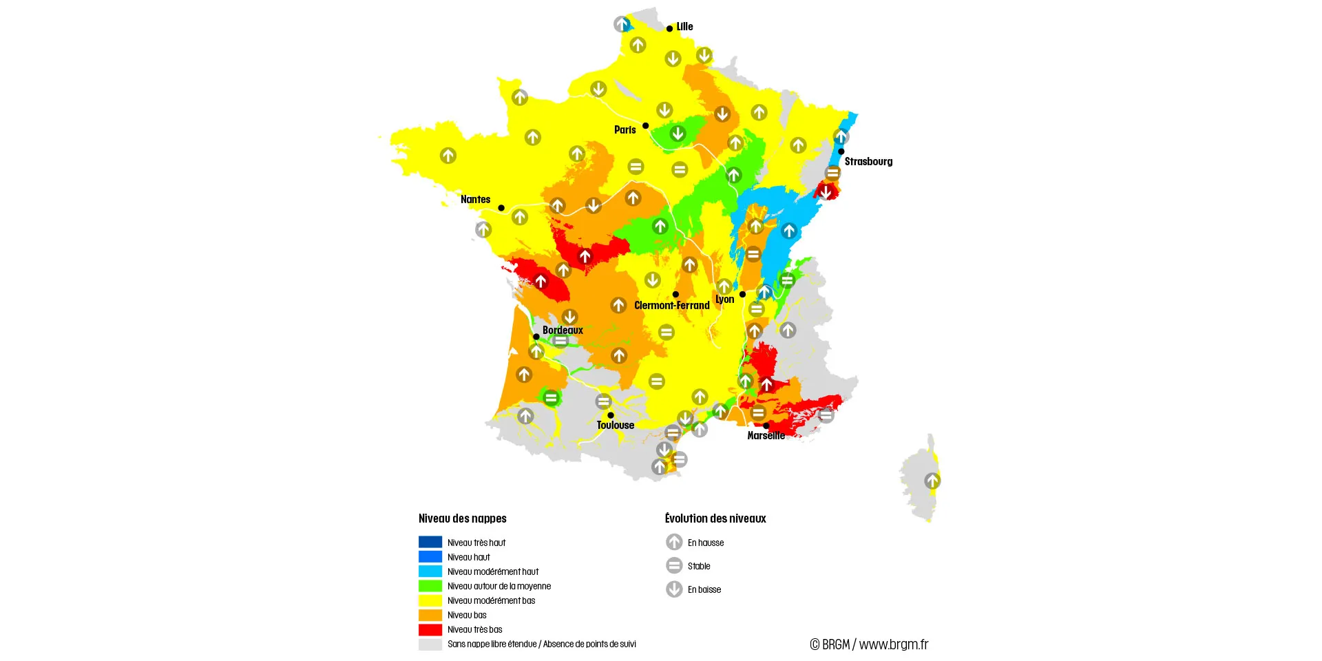 Carte de France hexagonale de la situation des nappes au 1er décembre 2022.