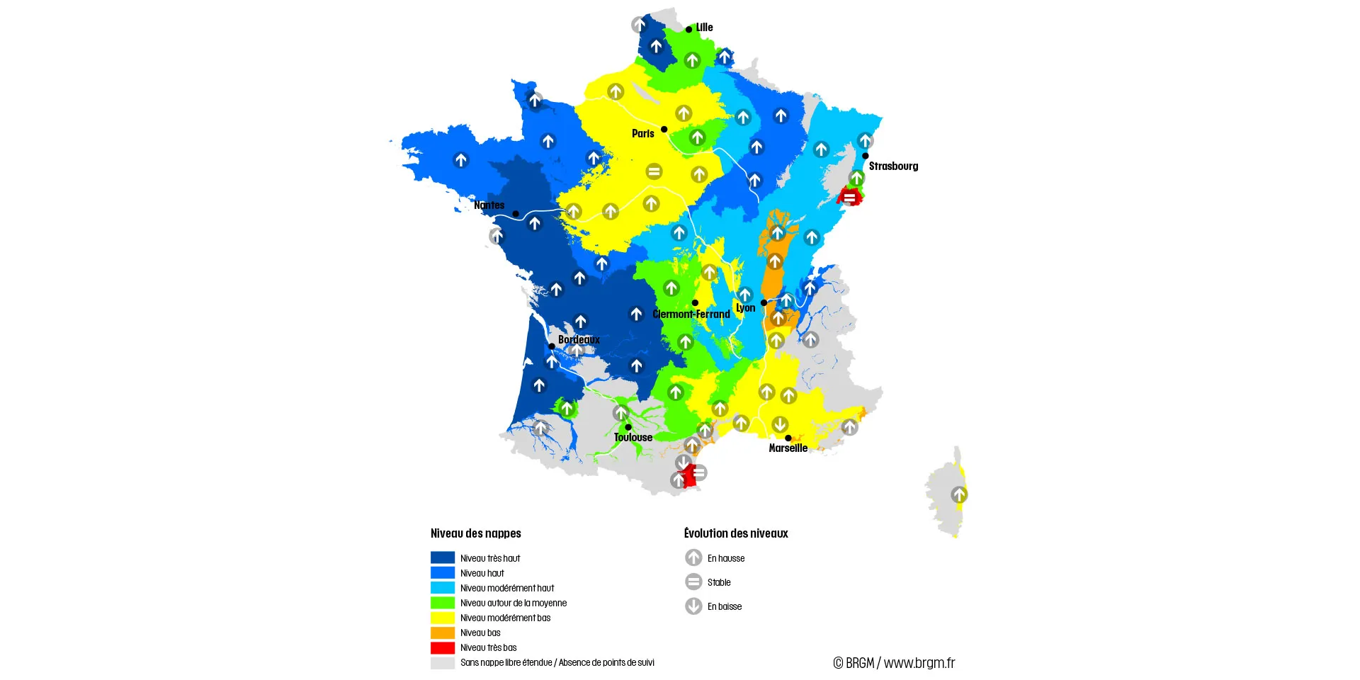 Carte de France hexagonale de la situation des nappes au 1er décembre 2023.