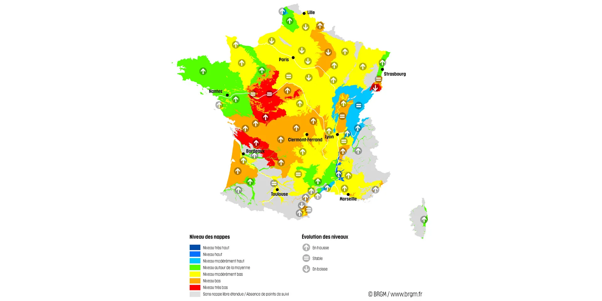 Carte de France hexagonale de la situation des nappes au 1er janvier 2023.