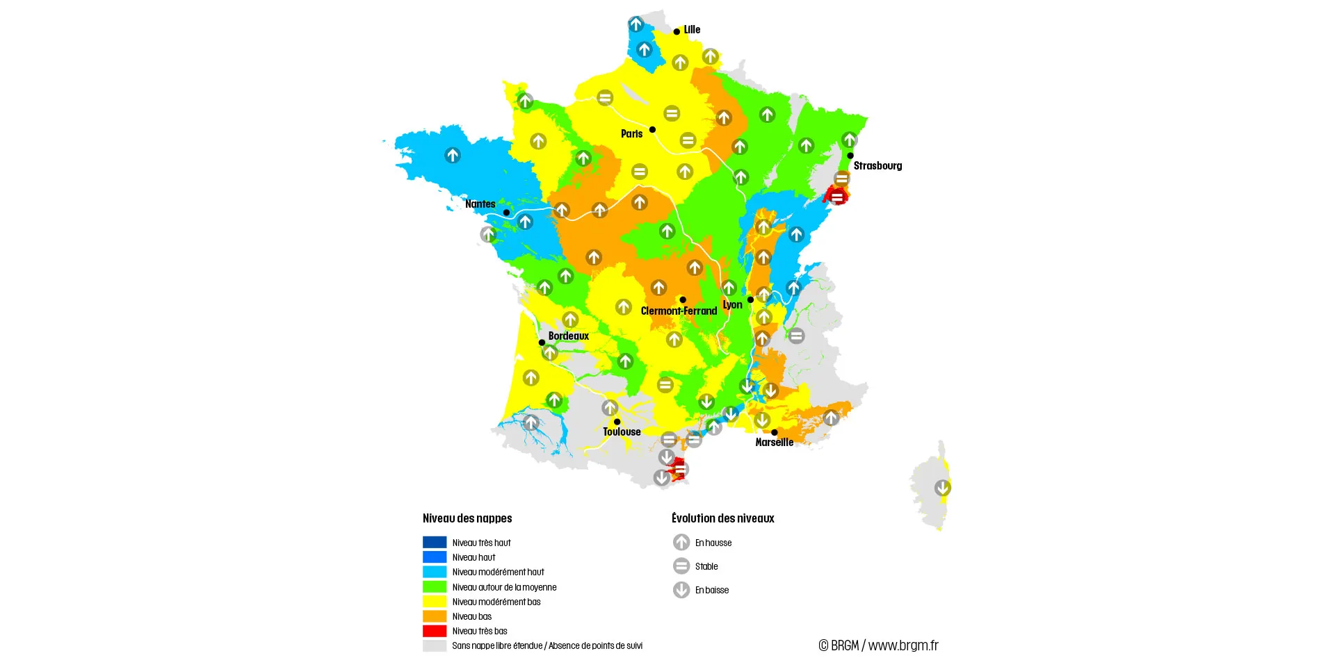 Carte de France hexagonale de la situation des nappes au 1er février 2023.