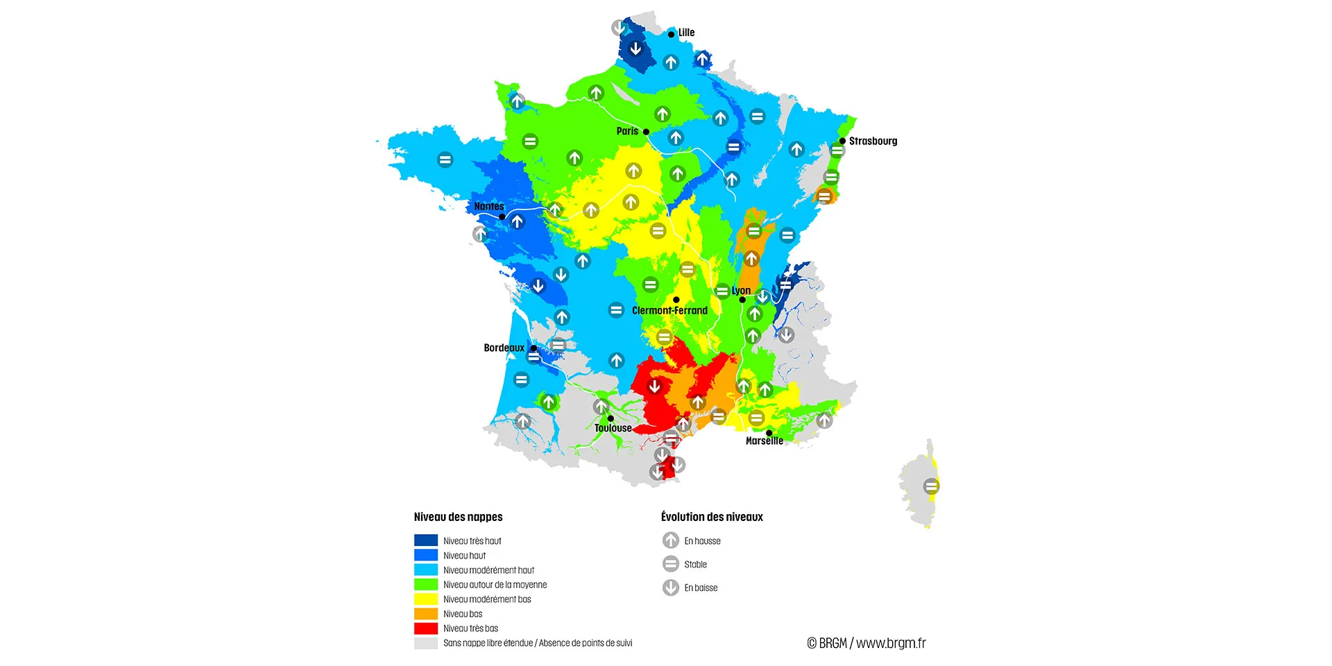 Carte de France hexagonale de la situation des nappes au 1er mars 2024.