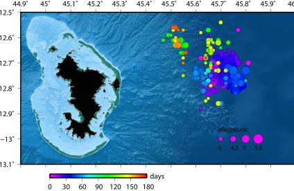 Localisation des séismes de magnitude supérieure à 3.8 à Mayotte 