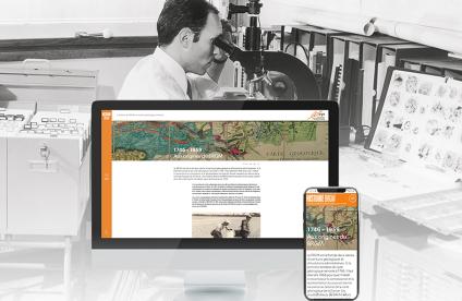 Nouveau site web Histoire BRGM, sur fond de photo d’archives (années 1960) dans les laboratoires du BRGM à Orléans 