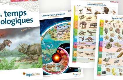 Book "Les temps géologiques" (geological eras) and posters on the history of the Earth, the evolution of vertebrates and invertebrates