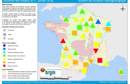 Carte de France de l'état des nappes d'eau au 1er  janvier 2018