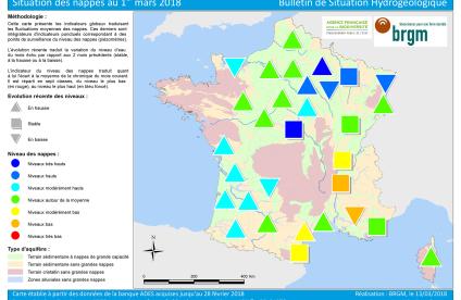 Map of water table levels in France on 1 March 2018 