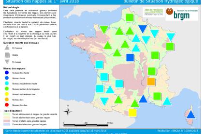 Map of water table levels in France on 1 April 2018 