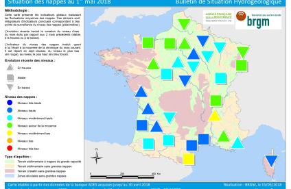 Map of water table levels in France on 1 May 2018