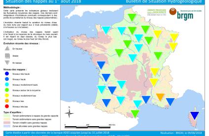 Map of water table levels in France on 1 August 2018 
