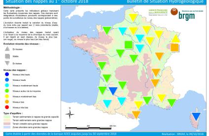 Map of water table levels in France on 1 October 2018
