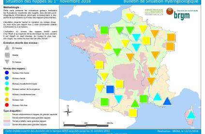 Map of water table levels in France on 1 November 2018 