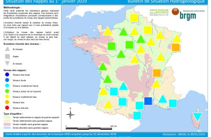 Carte de France de l'état des nappes d'eau au 1er  janvier 2019