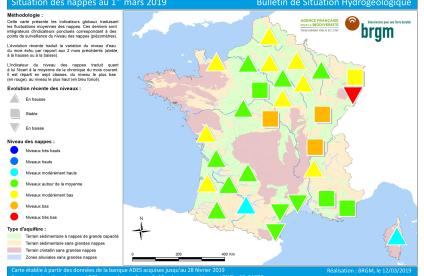 Map of water table levels in France on 1 March 2019