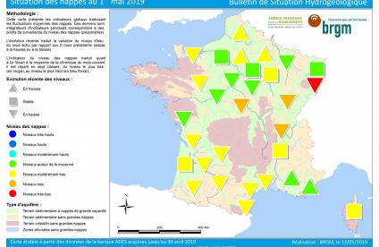 Map of water table levels in France on 1 May 2019 