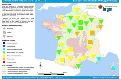 Map of water table levels in France on 1 June 2019