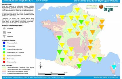 Map of water table levels in France on 1 August 2019 