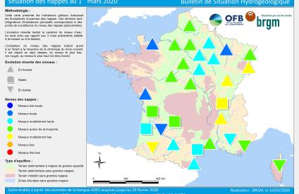 Map of water table levels in France on 1 March 2020 