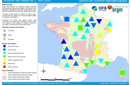Map of water table levels in France on 1 April 2020 