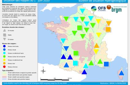 Carte de France de la situation des nappes au 1er juin 2020