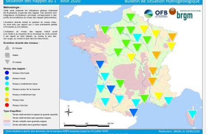 Map of water table levels in France on 1 August 2020