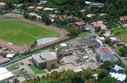Aerial view of the facilities at the Bouillante geothermal plant 