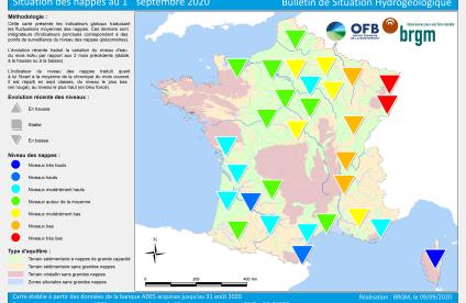 Carte de France de la situation des nappes au 1er septembre 2020