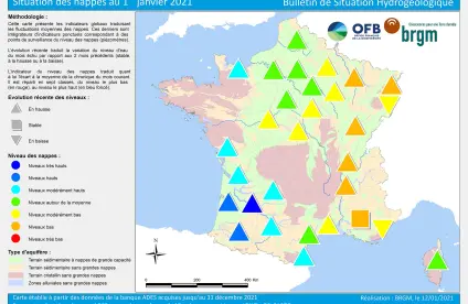 Carte de France de la situation des nappes au 1er janvier 2021