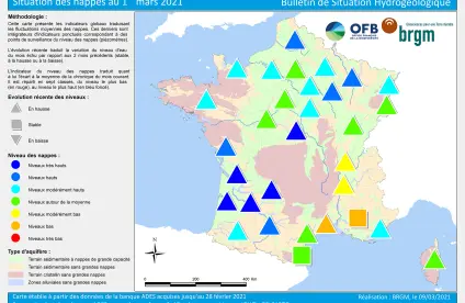 Carte de France de la situation des nappes au 1er mars 2021