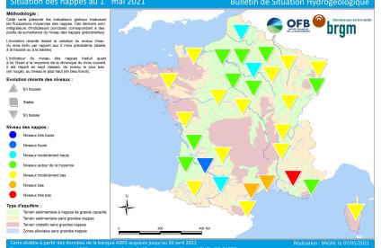 Map of water table levels in France on 1 May 2021