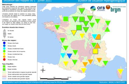Map of water table levels in France on 1 July 2021