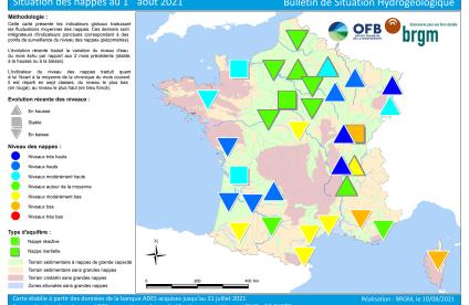 Map of water table levels in France on 1 August 2021