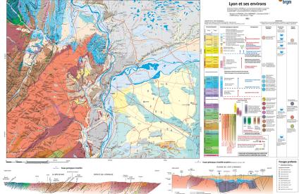 Educational, geological map of Lyon and its surrounding areas.