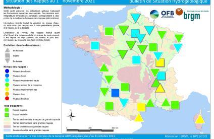 Carte de France de la situation des nappes au 1er novembre 2021