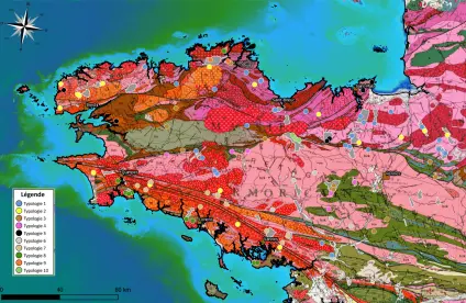 Répartition de 100 forages d’eau les plus productifs en Bretagne par typologie hydrogéologique