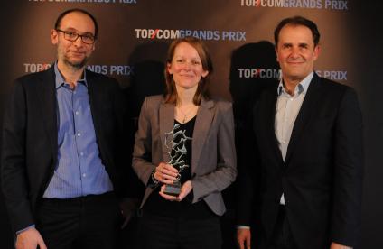 The Top Com Grands Prix Corporate Business awards ceremony on 14 April 2022 in Paris. From left to right: Jean-Philippe Orsini, Sales Director and Associate at Softeam Agency, Aude Rouger-Loiseau, BRGM's Digital Communication Manager, and Pierre Vassal, BRGM's Communication and Scientific Mediation Manager and Head of Les Éditions du BRGM (BRGM's Publishing Branch).
