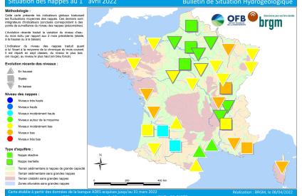 Carte de France de la situation des nappes au 1er avril 2022.