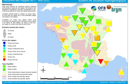 Carte de France de la situation des nappes au 1er mai 2022. 