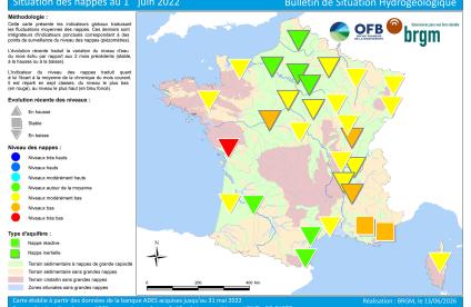 Map of water table levels in France on 1 June 2022. 