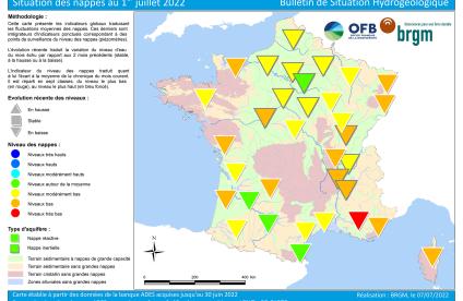 Map of water table levels in France on 1 July 2022.