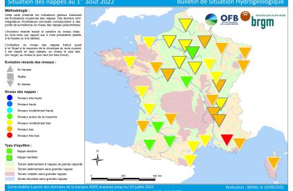 Carte de France de la situation des nappes au 1er août 2022.