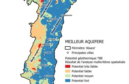 Carte du potentiel géothermique sur nappe (meilleur aquifère) sur le territoire alsacien.