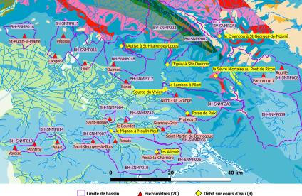 Localisation sur fond de carte géologique simplifiée des bassins et points de suivis (20 piézomètres et 9 stations de débit) ayant fait l’objet de modélisation GARDENIA.