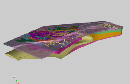 Architecture profonde du massif des Vosges confronté à des données géophysiques, réalisé sous Geomodeller 3D (2013).