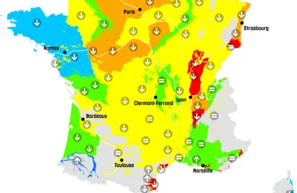 Carte de France de la situation des nappes d'eau souterraine au 1er juillet 2023.