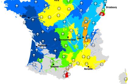 Map of aquifer levels in mainland France on 1 December 2023.