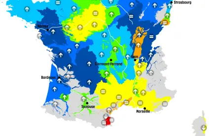Carte de France hexagonale de la situation des nappes d'eau souterraine au 1er janvier 2024.